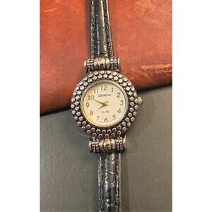 Women's 30mm Silver tone Geneva Elite Watch, Black Band